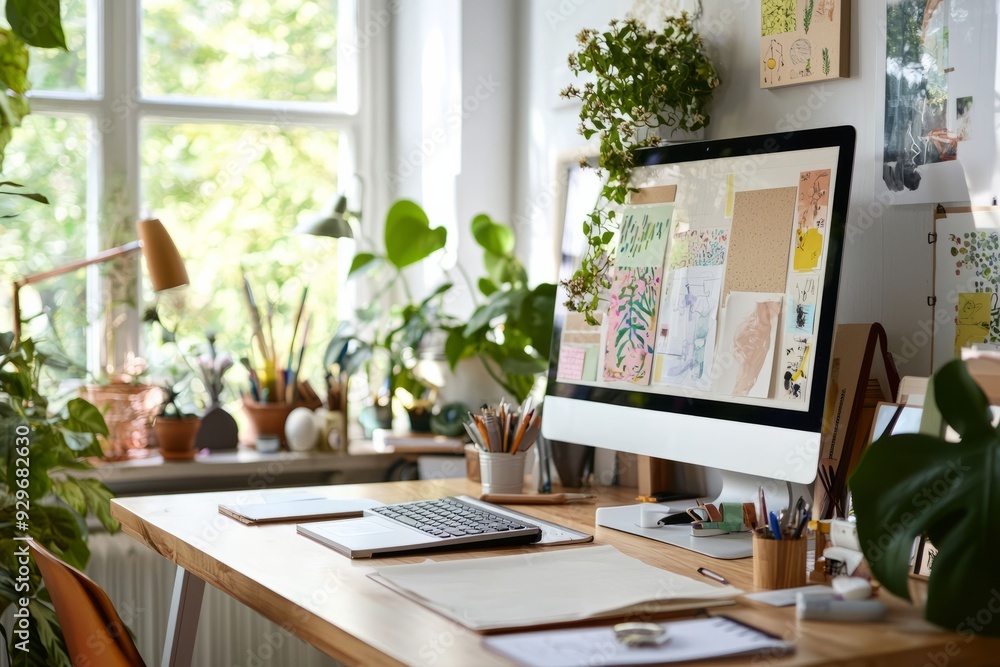 A cozy creative workspace with a large desk, mood boards, and a mix of traditional and digital tools A cozy creative workspace with a large desk, mood boards, and a mix of traditional and digital tools