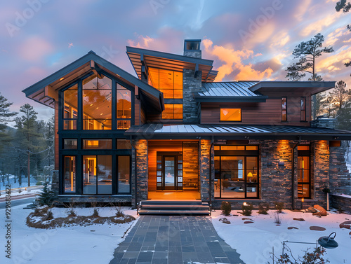 This gorgeous modern luxury mountain home is surrounded by snow and features dramatic architecture and warm lights, perfect for creating a cozy winter evening atmosphere