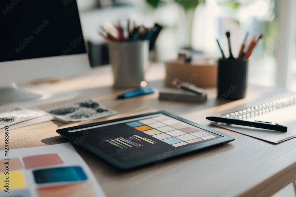 A creative workspace with a focus on digital design tools, including a graphics tablet and mood board A creative workspace with a focus on digital design tools, including a graphics tablet and mood board
