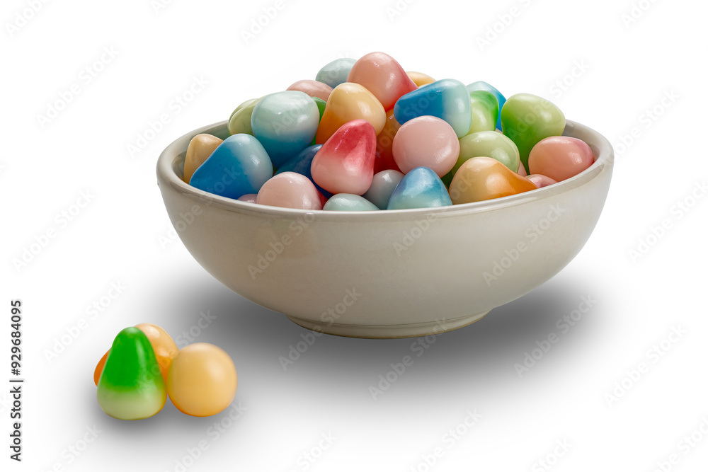 Crispy jelly. Closeup view of colorful sugar coasted crispy jelly in white ceramic bowl isolated on white background with clipping path. Crispy jelly. Closeup view of colorful sugar coasted crispy jelly in white ceramic bowl isolated on white background with clipping path.