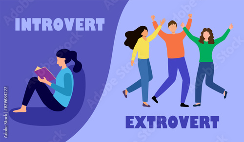 Introvert and extrovert personality character concept vector illustration. Introvert woman enjoy reading book alone. Extrovert people are talkative and enjoy meeting new people.