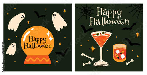 Wallpaper Mural Happy Halloween party vector design concept social media post set with collection of spooky vector illustration in flat cartoon retro style. trick or treat, bats, ghost, magical creepy, scary cocktail Torontodigital.ca