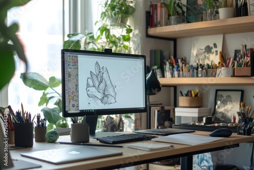 Wallpaper Mural A creative workspace with a large monitor, drawing tools, and shelves filled with art books and supplies Torontodigital.ca