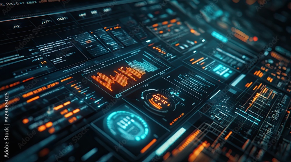 A close-up of a futuristic digital display with various graphs and data visualizations. A close-up of a futuristic digital display with various graphs and data visualizations.