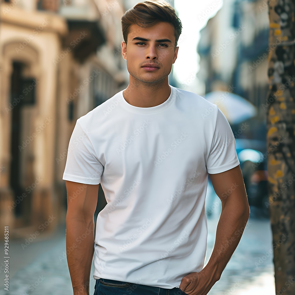 A young man in a white t-shirt stands outdoors in an urban setting. A young man in a white t-shirt stands outdoors in an urban setting.