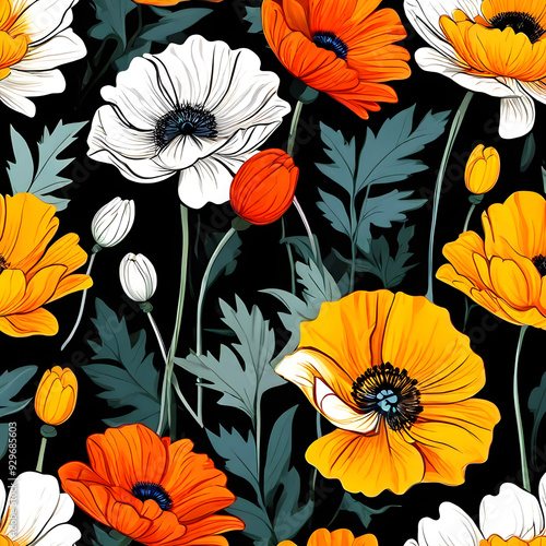 Wallpaper Mural seamless pattern with flowers, argyle daisy poppy marigolds pattern overlay in bright jewel tones black white cartoon drawing	 Torontodigital.ca