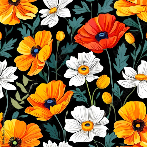 Wallpaper Mural seamless pattern with flowers, argyle daisy poppy marigolds pattern overlay in bright jewel tones black white cartoon drawing	 Torontodigital.ca