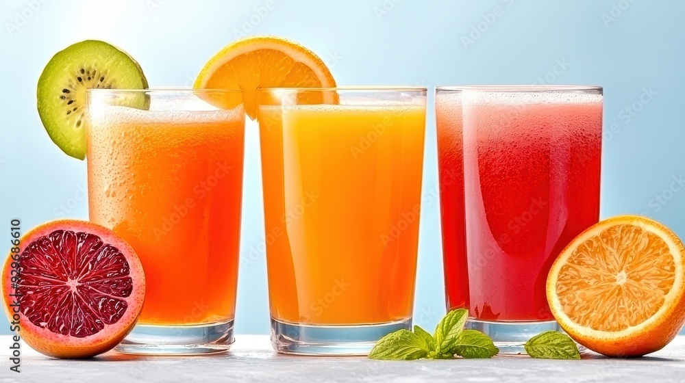 Three vibrant fruit juices in clear glasses, showcasing fresh ingredients like orange, kiwi, and mint. Perfect for summer. Three vibrant fruit juices in clear glasses, showcasing fresh ingredients like orange, kiwi, and mint. Perfect for summer.