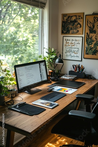 A cozy creative corner with a desk, computer, and walls covered in sketches and inspiration images