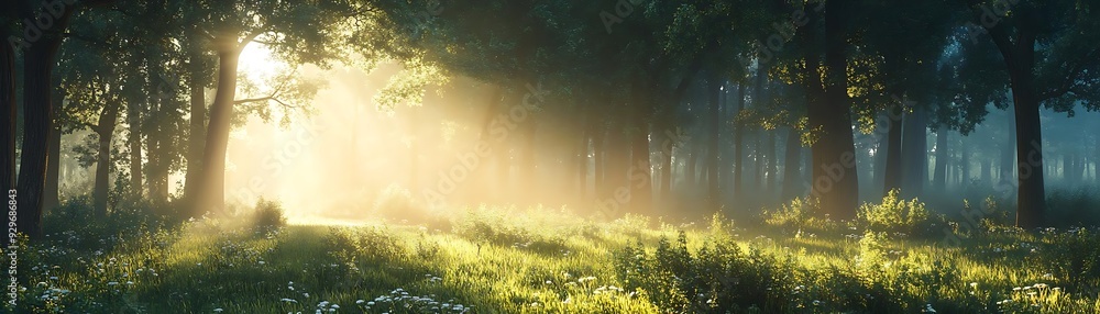 Sunbeams Through Forest Trees - 3D Illustration Sunbeams Through Forest Trees - 3D Illustration