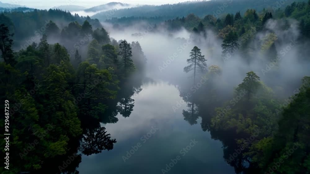 Misty morning over a tranquil river surrounded by dense forest at dawn in the Pacific Northwest Misty morning over a tranquil river surrounded by dense forest at dawn in the Pacific Northwest