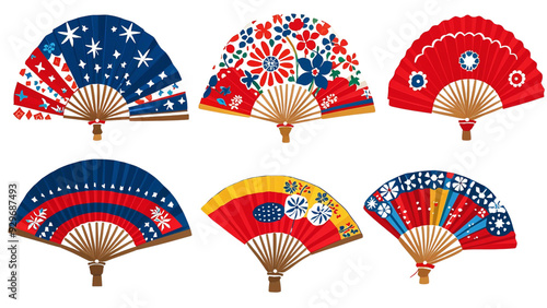 Set Of Six Deffirent Colour and Design American traditional red fan on background PNG .... photo