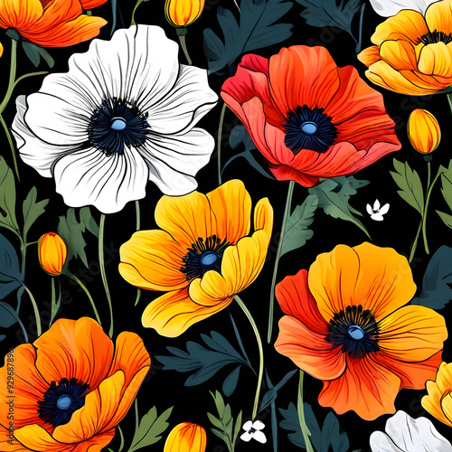 Wallpaper Mural seamless pattern with flowers, argyle daisy poppy marigolds pattern overlay in bright jewel tones black white cartoon drawing	 Torontodigital.ca