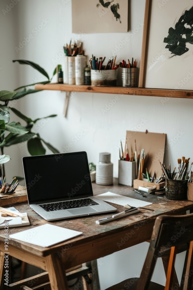 Fototapeta premium A minimalist creative studio workspace with a clean desk, laptop, and organized shelves of art supplies