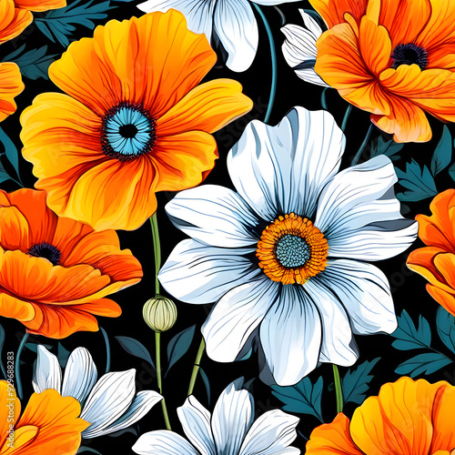 seamless pattern with flowers, argyle daisy poppy marigolds pattern overlay in bright jewel tones black white cartoon drawing 