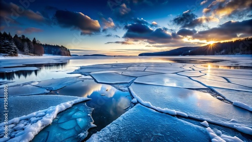 Frozen lake surface cracking and breaking apart, revealing dark blue water beneath, with icy fragments floating on top in a cold winter scene. photo