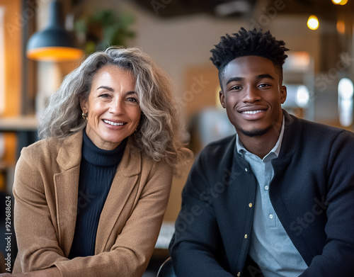 A mature businesswoman is sitting happily with a young businessman.