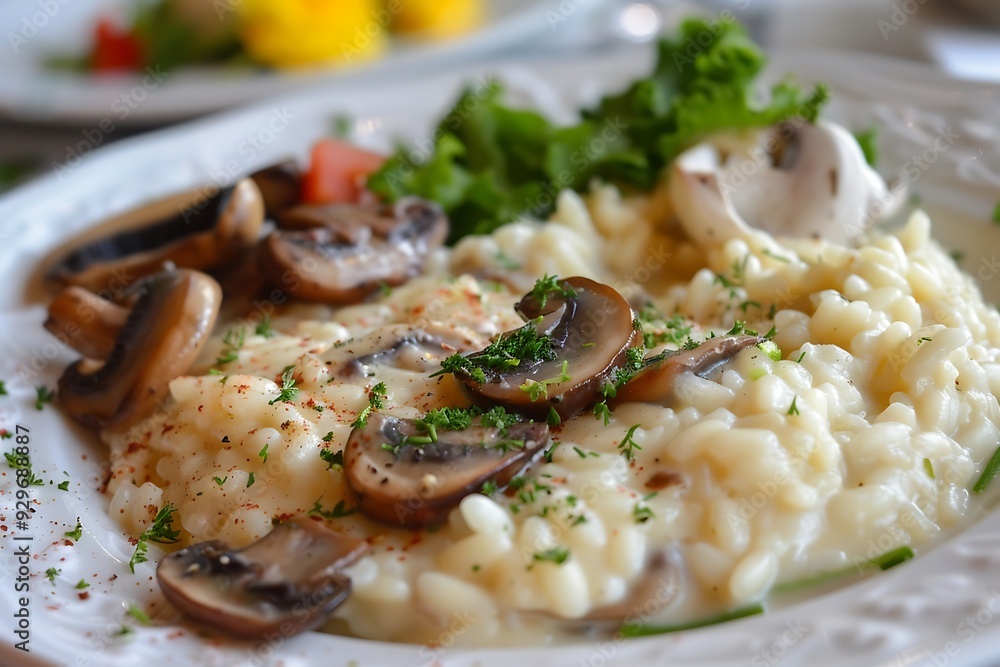 Risotto with mushrooms and parsley in a plate on a light background Risotto with mushrooms and parsley in a plate on a light background