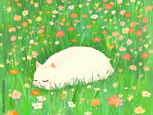 Cozy Sleeping White Cat Illustration Art photo