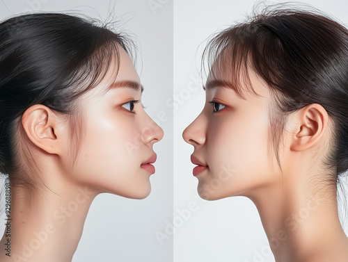Comparative images of Korean women before and after nose surgery.