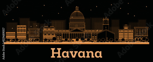Outline Havana Cuba City Skyline with orange Buildings. Business Travel and Tourism Concept with Historic Architecture. Havana Cityscape with Landmarks.
