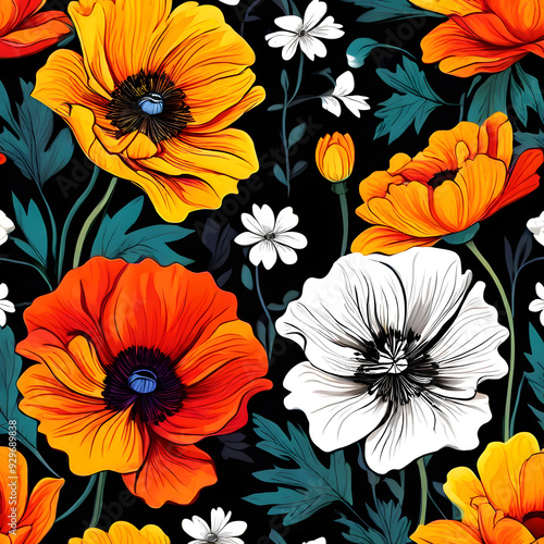 Wallpaper Mural seamless pattern with flowers, argyle daisy poppy marigolds pattern overlay in bright jewel tones black white cartoon drawing	 Torontodigital.ca
