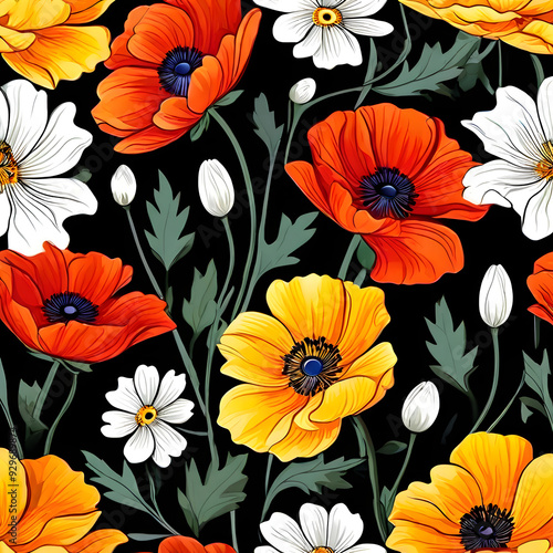 Wallpaper Mural seamless pattern with flowers, argyle daisy poppy marigolds pattern overlay in bright jewel tones black white cartoon drawing	 Torontodigital.ca