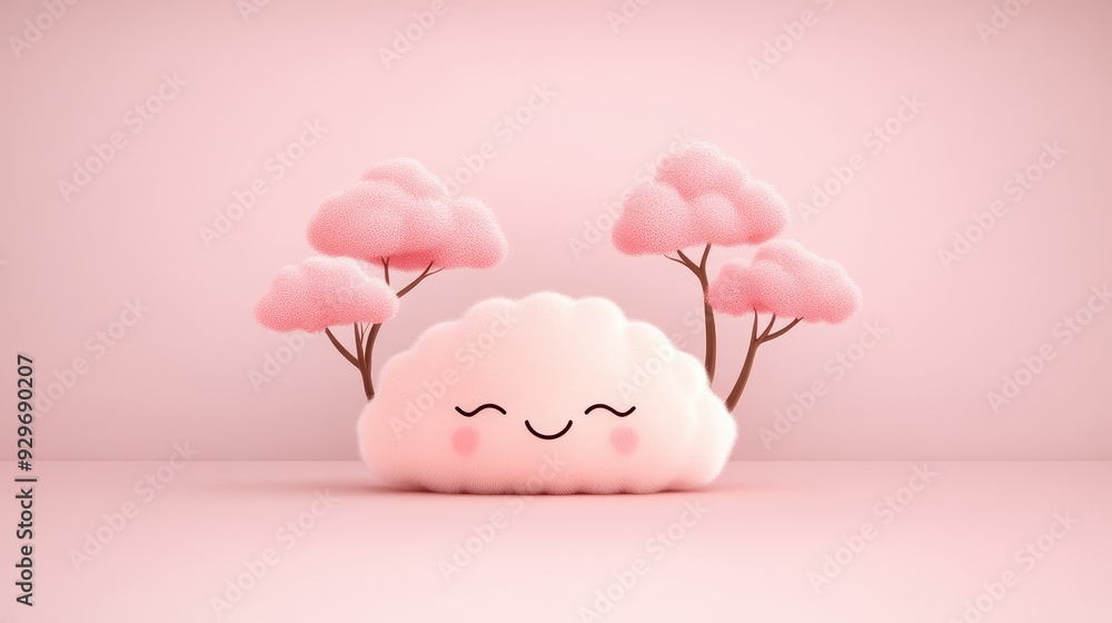 A cute, pink cloud with a happy expression surrounded by tree-like formations, creating a whimsical and cheerful atmosphere. A cute, pink cloud with a happy expression surrounded by tree-like formations, creating a whimsical and cheerful atmosphere.