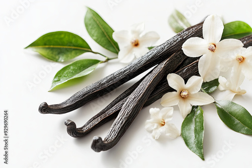 Vanilla pods with green leaves and flowers on a white background photo