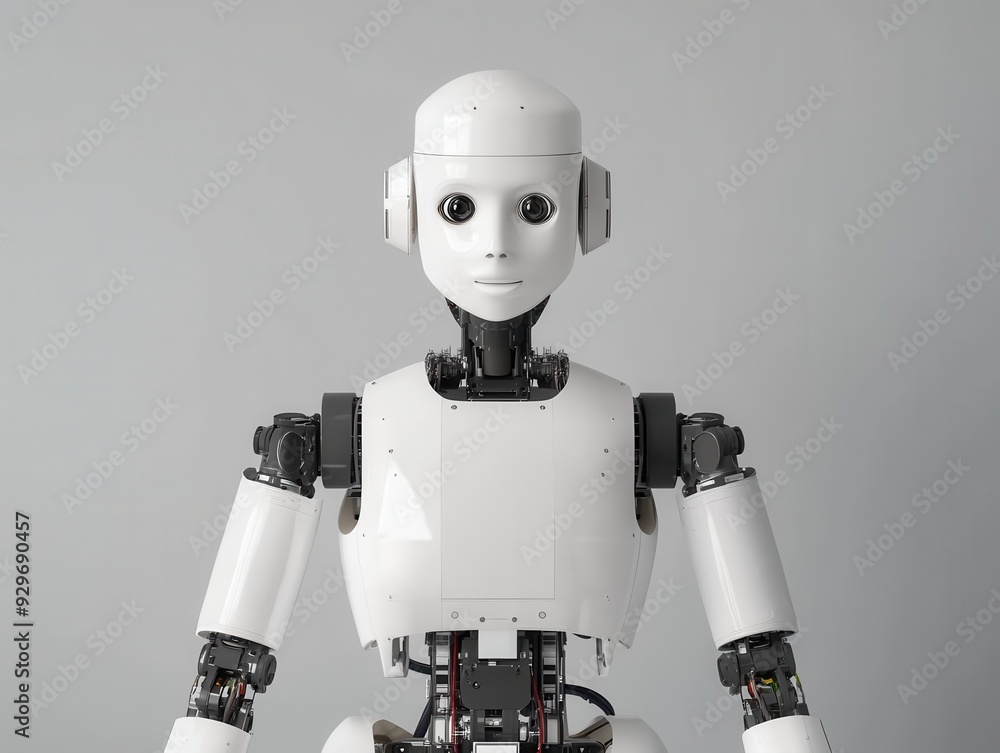 Naklejka premium A humanoid robot with a sleek design, showcasing advanced robotics technology in a minimalist studio setting.
