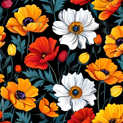 Wallpaper Mural seamless pattern with flowers, argyle daisy poppy marigolds pattern overlay in bright jewel tones black white cartoon drawing	 Torontodigital.ca