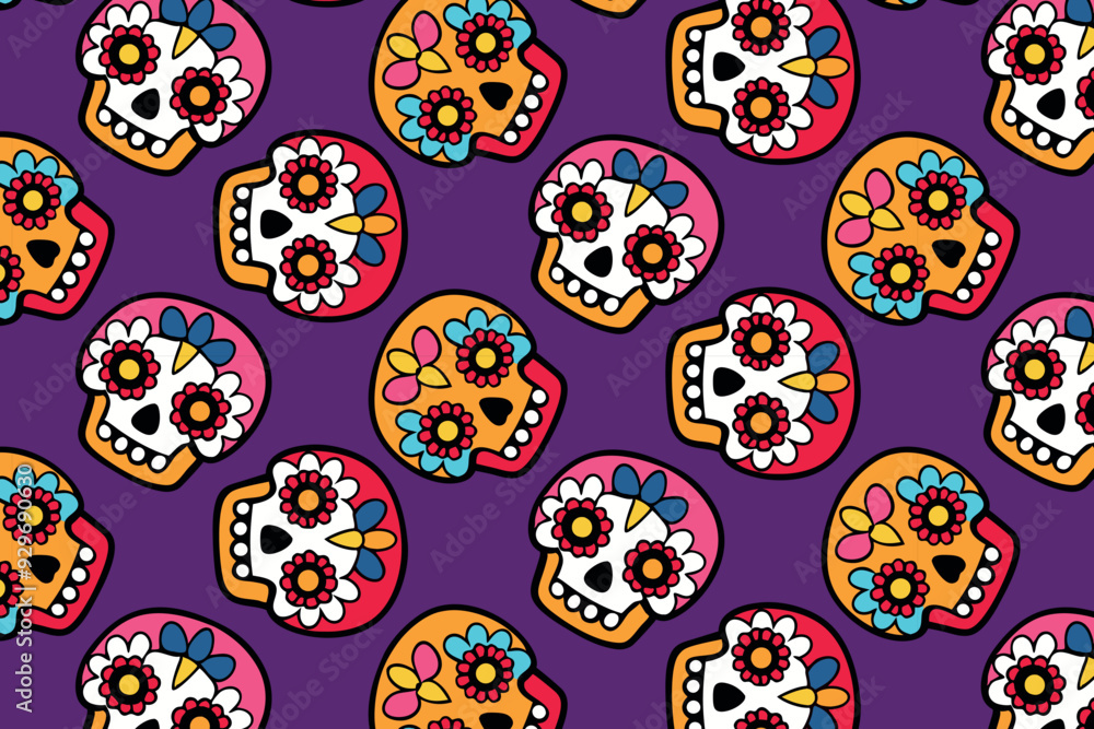 Dia de los Muertos pattern, skulls on purple background, bright festive colors, fabric and web design, lively and traditional Mexican pattern Dia de los Muertos pattern, skulls on purple background, bright festive colors, fabric and web design, lively and traditional Mexican pattern