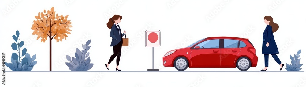 Fototapeta premium A vibrant illustration of a red car and pedestrians in a serene urban setting with trees and a stop sign.
