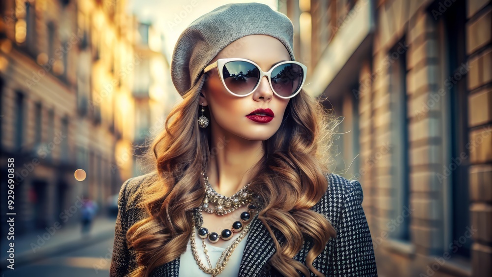 Glamorous model poses in trendy outfit, accessorized with stylish oversized sunglasses, adding a chic touch to the overall sophisticated urban fashion ensemble. Glamorous model poses in trendy outfit, accessorized with stylish oversized sunglasses, adding a chic touch to the overall sophisticated urban fashion ensemble.