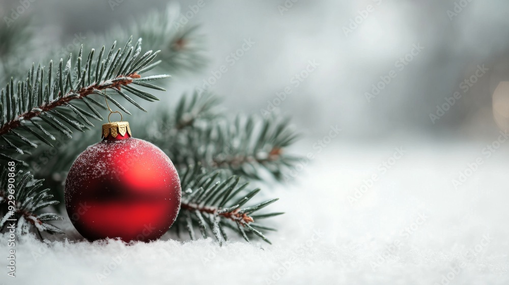 A single red Christmas ornament rests on a bed of fresh snow with a pine branch in the background. A single red Christmas ornament rests on a bed of fresh snow with a pine branch in the background.