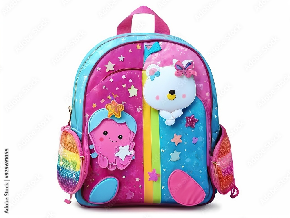 Beautiful backpack for a girl with a butterfly and a fun print on a white background Beautiful backpack for a girl with a butterfly and a fun print on a white background