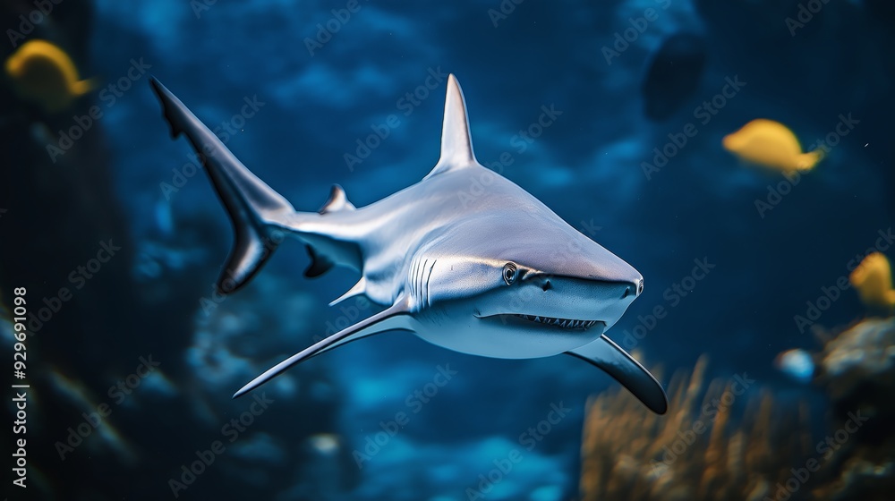 Fototapeta premium Bronze Whaler Shark swimming under water with light ray