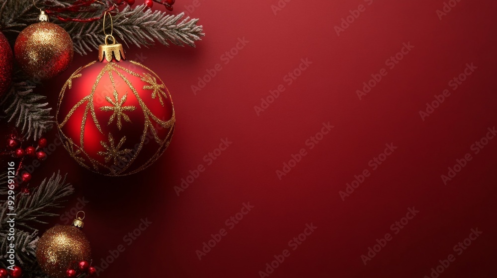 Red Christmas bauble with gold glitter pattern, evergreen branches and red berries on a red background. Red Christmas bauble with gold glitter pattern, evergreen branches and red berries on a red background.