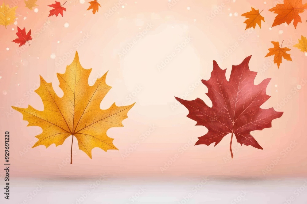 Obraz premium Colorful autumn leaves in vibrant hues of red and yellow against a soft pastel background, capturing the essence of fall.
