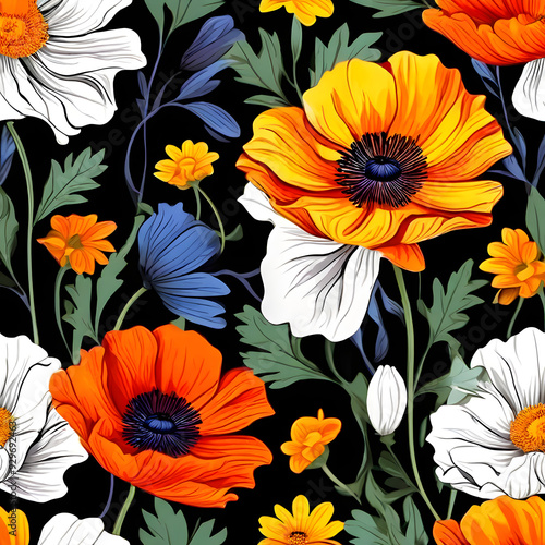 Wallpaper Mural seamless pattern with flowers, argyle daisy poppy marigolds pattern overlay in bright jewel tones black white cartoon drawing	 Torontodigital.ca
