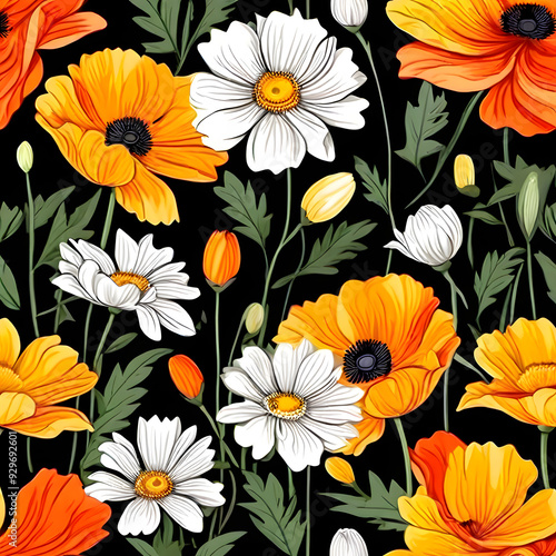 seamless pattern with flowers, argyle daisy poppy marigolds pattern overlay in bright jewel tones black white cartoon drawing 