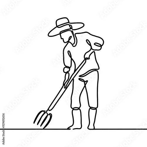 line art drawing of farmer usimg fork hoe, organic and permaculture farming