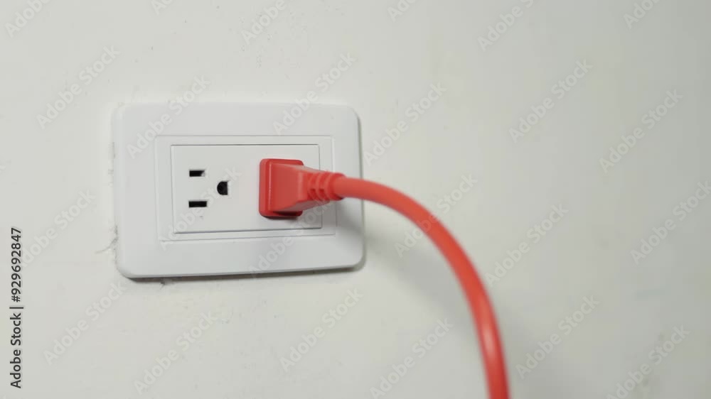 A man plugs a plug into an electrical outlet and turns on the light. 4K video in high resolution