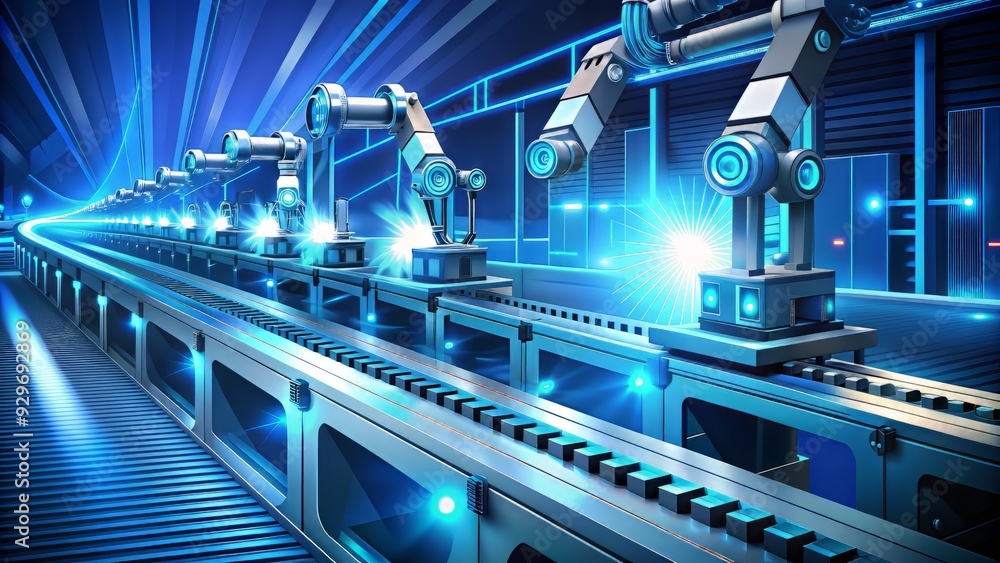 Glowing blue vector conveyor belt with futuristic robotic elements and abstract techno components moving goods through a modern industrial manufacturing process. Glowing blue vector conveyor belt with futuristic robotic elements and abstract techno components moving goods through a modern industrial manufacturing process.