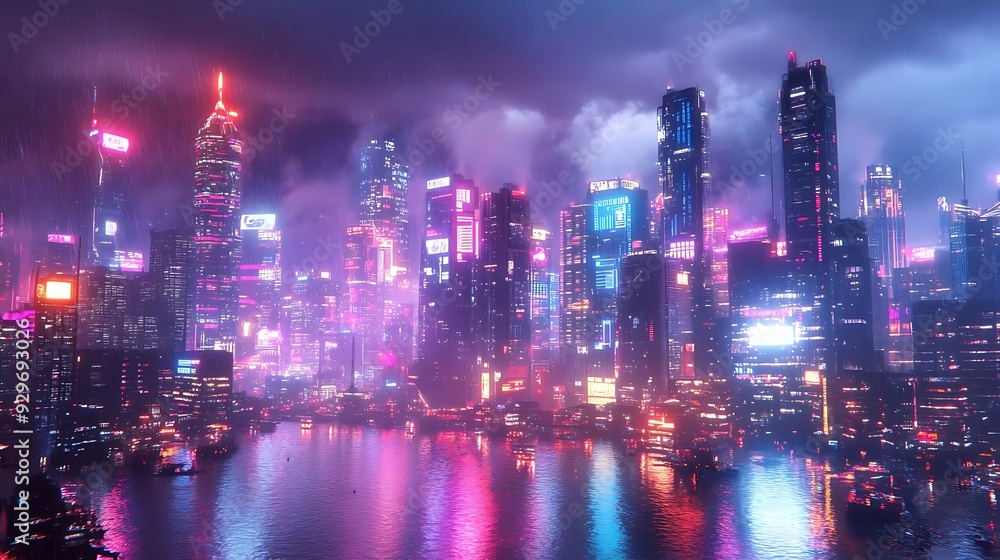 Fototapeta premium Cyberpunk Cityscape with Neon Lights and Rain - 3D Illustration