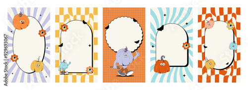 Halloween event posters with funny groovy mascot pumpkins and more. Retro background set for Instagram stories templates and social media frame. Vector art