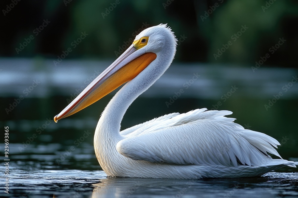 American white pelican swimming on lake with green background American white pelican swimming on lake with green background