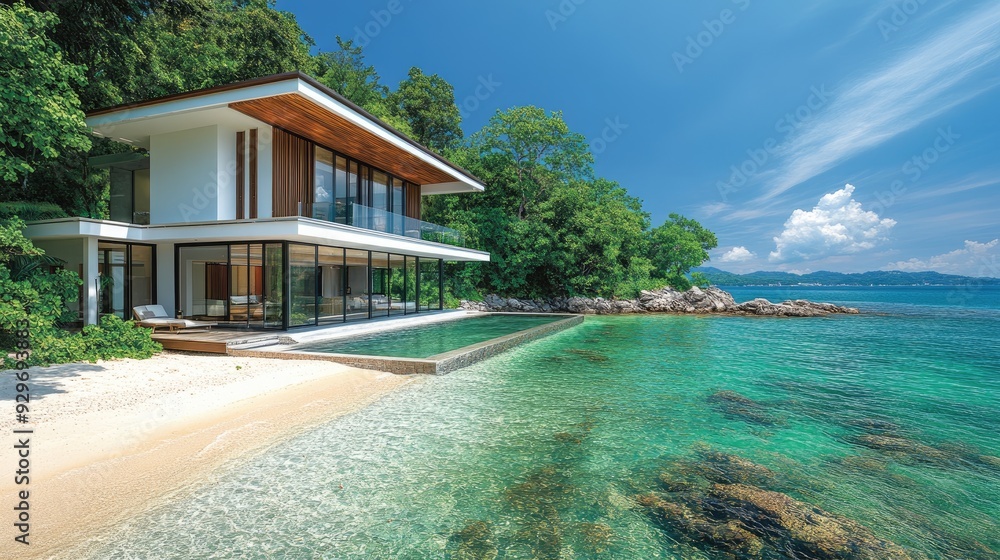 Fototapeta premium Modern luxury villa overlooking tranquil turquoise ocean in tropical paradise
