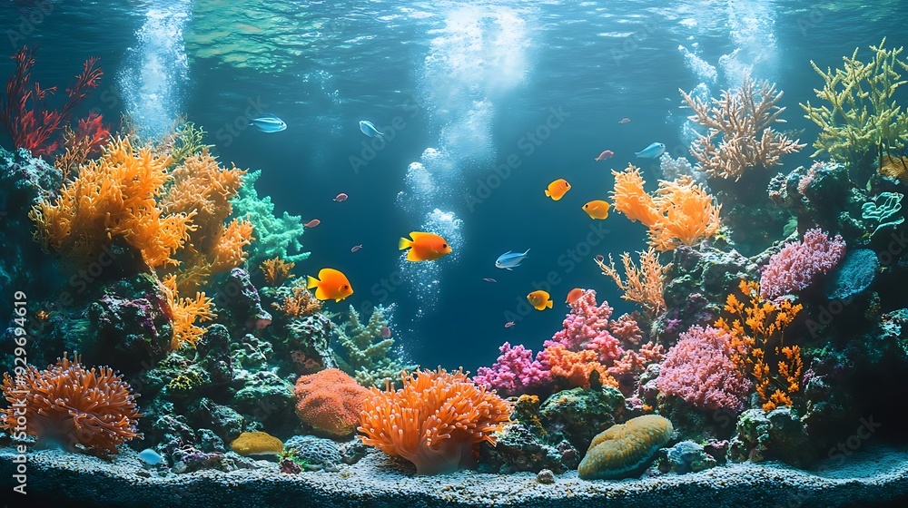 Naklejka premium Vibrant Underwater Reef with Colorful Fish and Coral - Photo