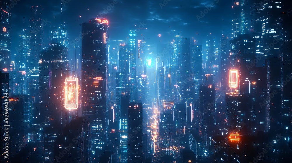 Fototapeta premium Futuristic Cyberpunk Cityscape with Neon Lights 3D Illustration